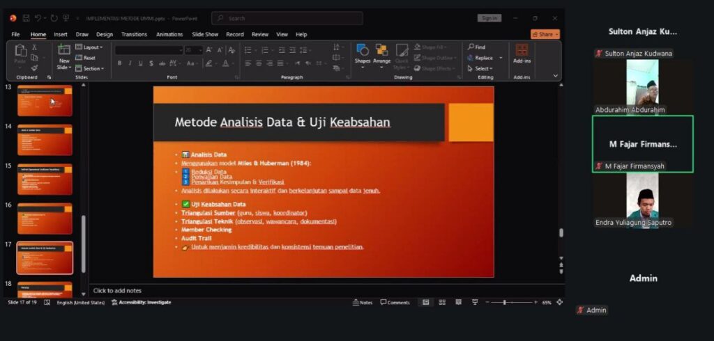Seminar Proposal S1 Kashif - Slide metodologi penelitian  M Fajar Firmansyah tentang analisis data dan uji keabsahan.