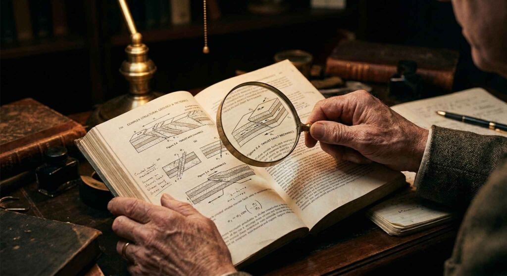 Tangan cendekiawan menelaah literatur paradoks ruang belajar.