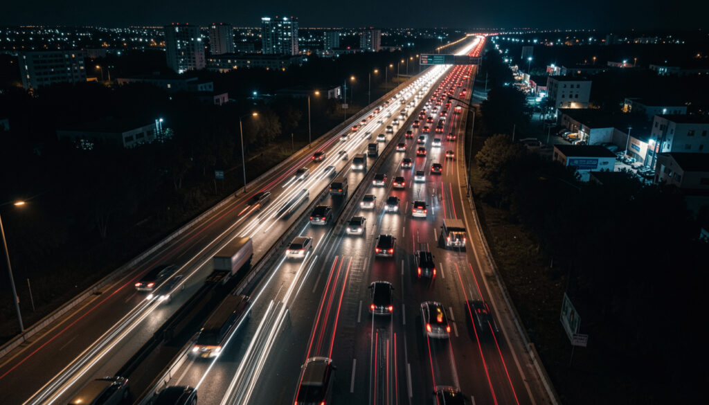 arus kendaraan mudik di jalan tol malam hari dengan cahaya lampu panjang