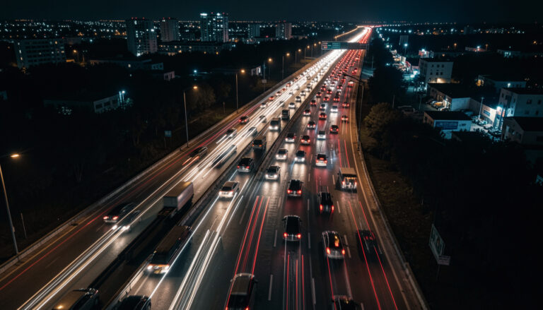 arus kendaraan mudik di jalan tol malam hari dengan cahaya lampu panjang