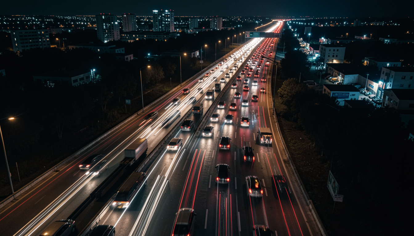 arus kendaraan mudik di jalan tol malam hari dengan cahaya lampu panjang
