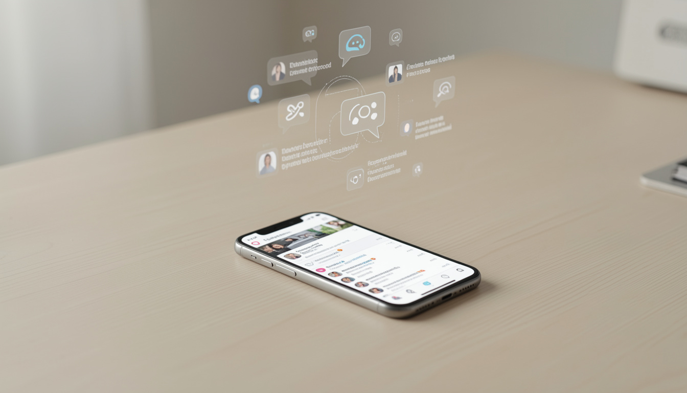 ilustrasi budaya scroll pada smartphone dengan aliran informasi digital tanpa akhir