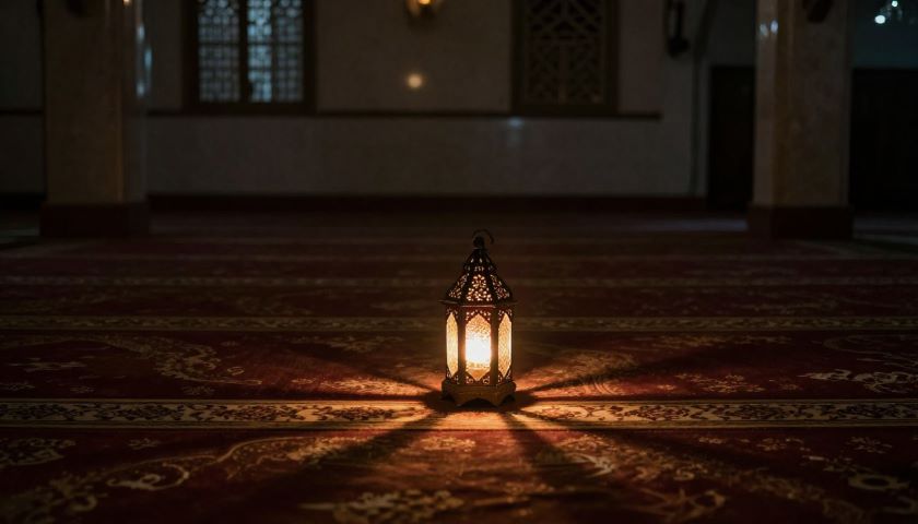 lampu lentera Ramadan dan sajadah kosong di masjid