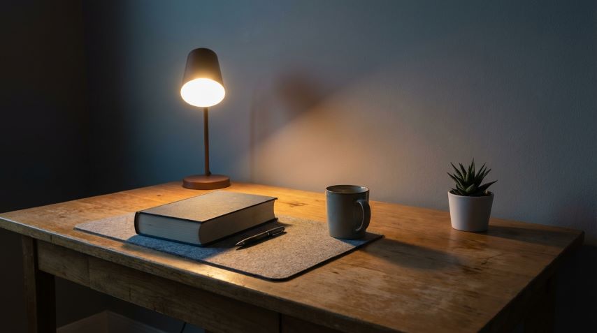 meja belajar dengan buku yang mulai tertutup dan cahaya redup sebagai simbol momentum belajar menurun