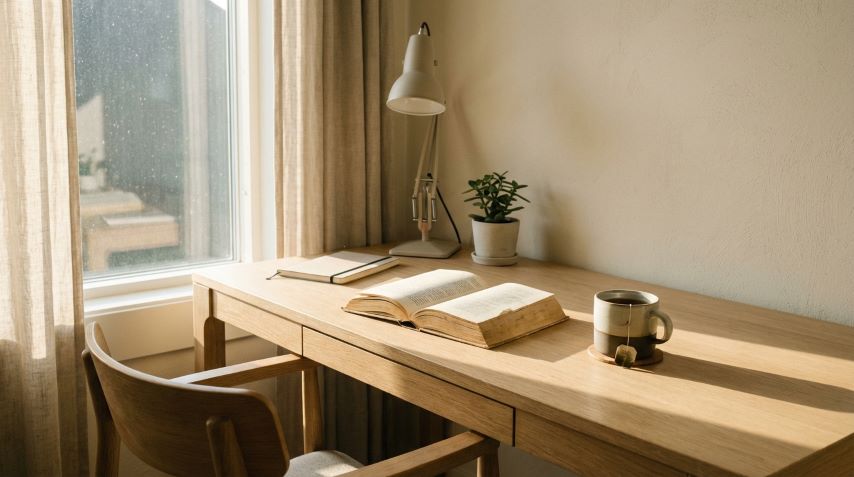 meja belajar minimalis dengan buku terbuka dan cahaya pagi setelah jeda belajar