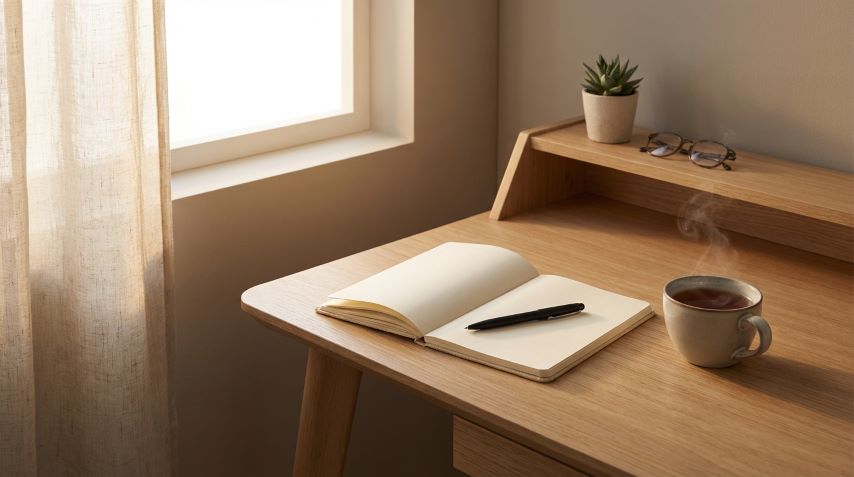 ruang belajar tenang dengan buku terbuka dan suasana santai setelah jeda belajar