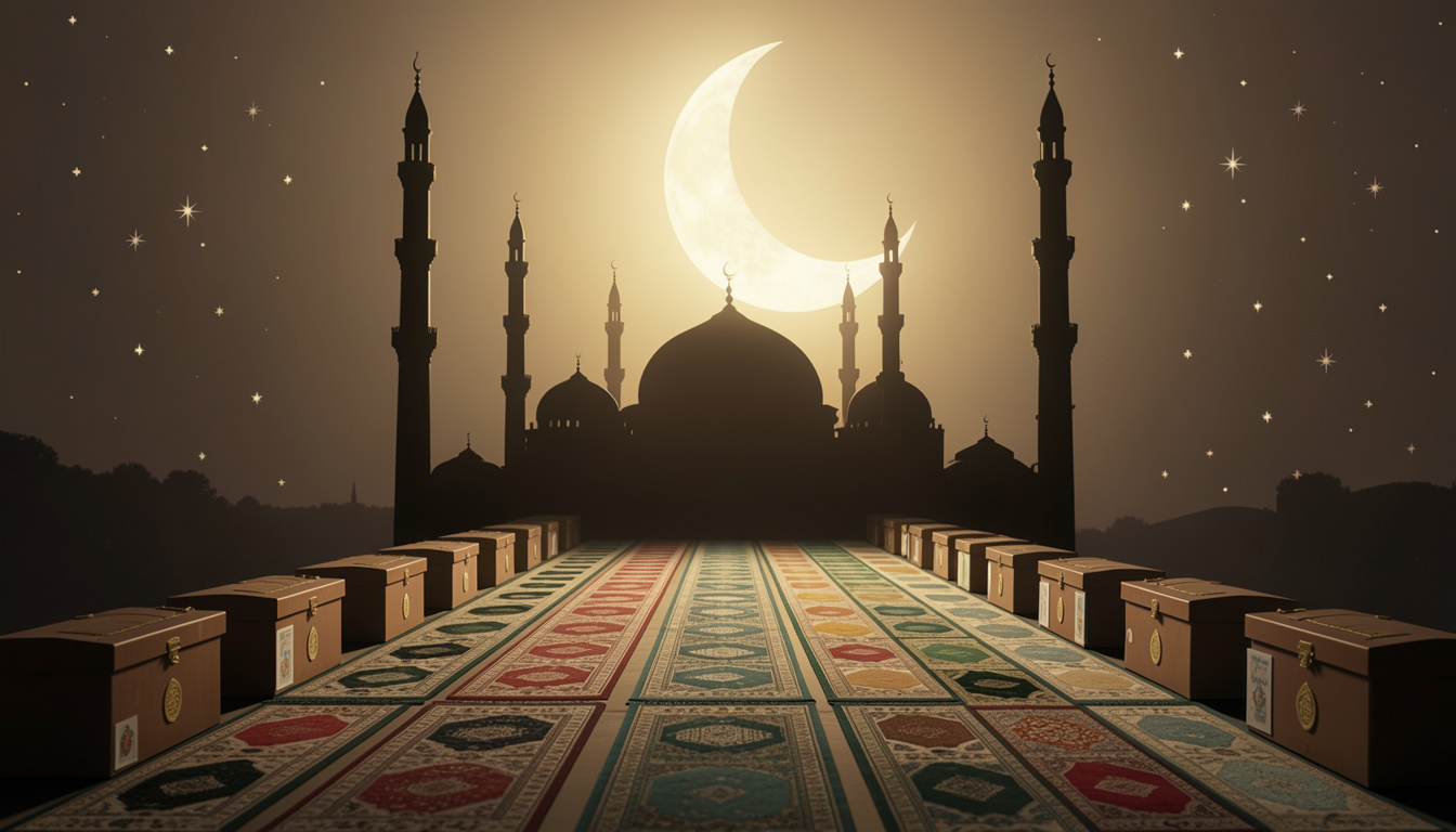 suasana halaman masjid minimalis saat Ramadan dengan sajadah tersusun rapi dan lampu lentera