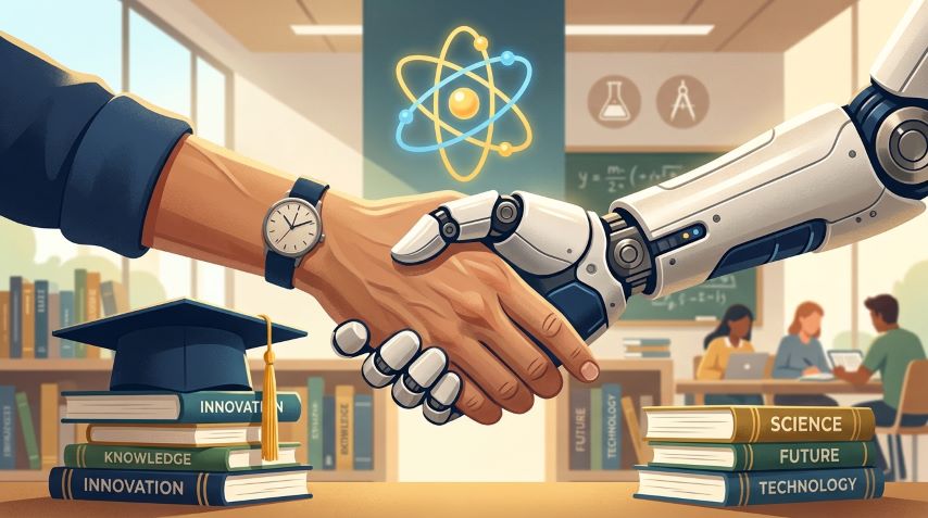 ilustrasi kolaborasi guru dan kecerdasan buatan ai dalam transformasi pendidikan masa depan