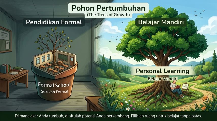 ilustrasi perbedaan ruang tumbuh anak di sekolah formal dan lingkungan belajar personal