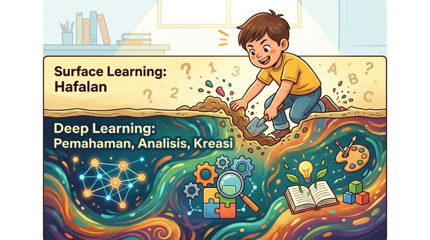 ilustrasi perbedaan surface learning dan deep learning dalam kurikulum pendidikan 2026
