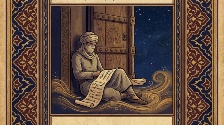 ilustrasi klasik islam pemuda abdullah bin abbas menunggu di depan pintu demi menuntut ilmu