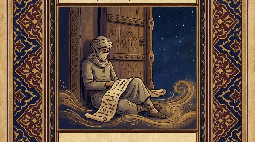ilustrasi klasik islam pemuda abdullah bin abbas menunggu di depan pintu demi menuntut ilmu