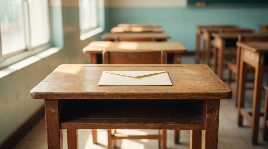 Amplop tertutup di atas meja kelas kosong, menggambarkan tagihan di balik sekolah gratis