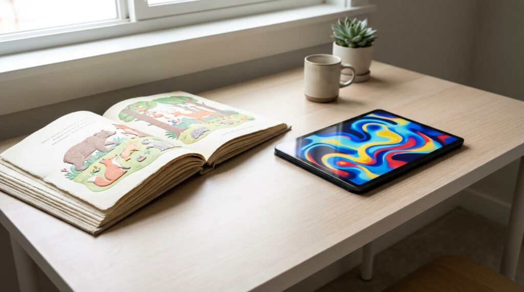 Buku cerita anak tradisional bersanding dengan tablet menyala terang mewakili ilusi edukasi digital.
