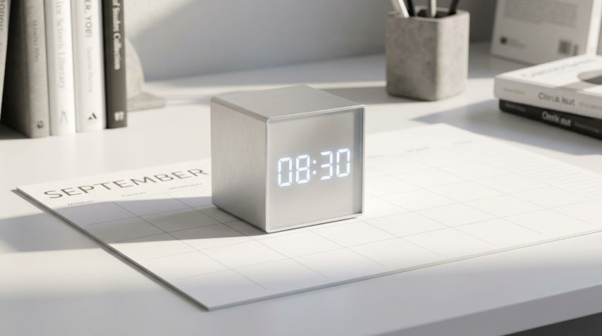 Jam meja minimalis atas lembar kalender putih bersih menunjukkan tenggat waktu bagi Guru Honorer.