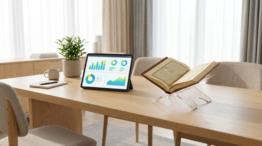 Layar tablet modern menampilkan kurikulum akademik bersanding dengan mushaf Al-Quran.