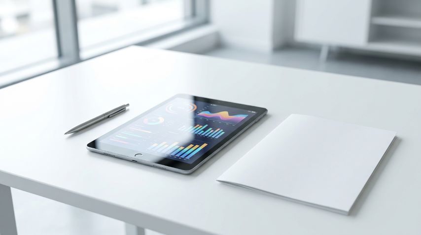 Tablet digital modern menampilkan jadwal mengajar bersandar pada map akademik putih bersih.