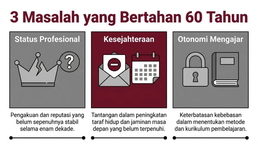 infografis tiga masalah profesi guru yang belum terselesaikan dalam 60 tahun rekomendasi ILO UNESCO